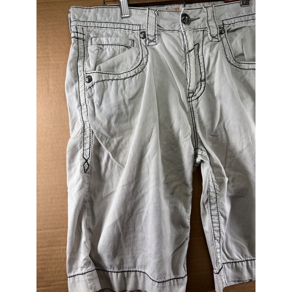 Rock Revival Corduroy Shorts Mens 32 Light Grey Slim Fit Heavy Stit Fleur-De-Lis - Picture 10 of 12